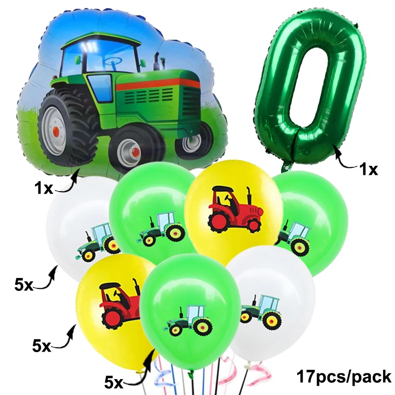 17pcs/set Tractor Digital Balloons Set Construction Vehicle Number Foil Ballon For Green Tractor Theme Birthday Party Decoration