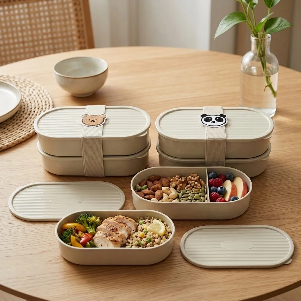 2Pcs/Set Cartoon Kids Bento Box With Strap Oval Plastic Lunch Box With Single/Double Grid Portable Fruit Salad Food Container view 2