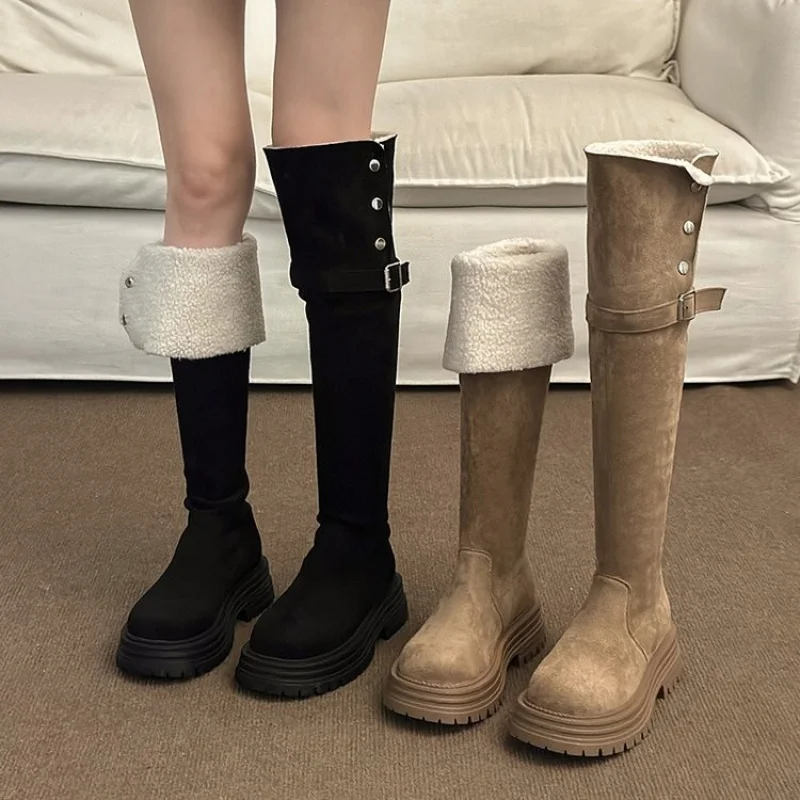 

Slimming Over-the-Knee Boots with Lamb Wool Thick Sole for Women2024New suede long boots with fleece lining and thick soles