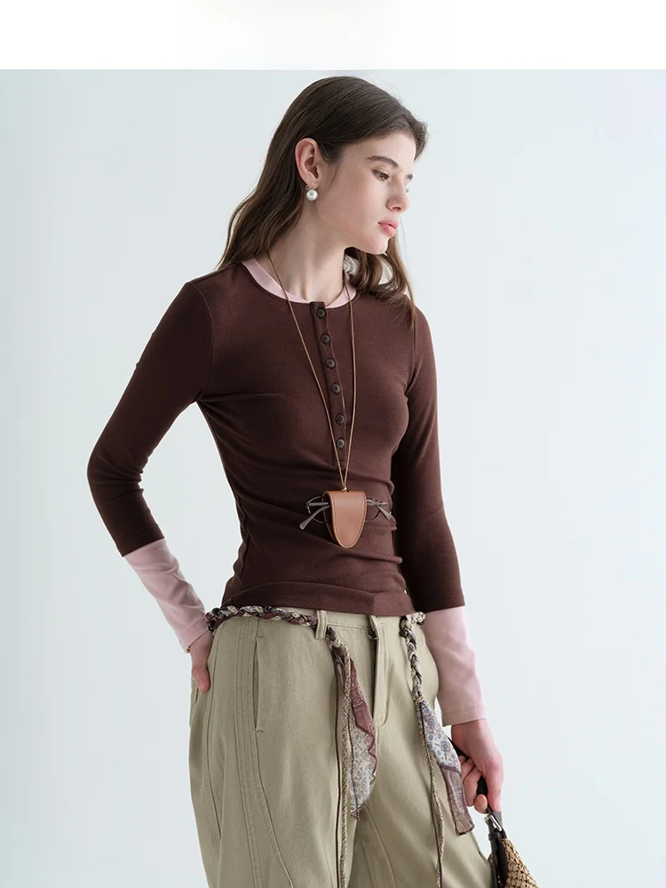 

Женская футболка с длинным рукавом и воротником хенли, базовый слой, весенний дизайн, повседневный стиль, цветные блоки, дышащая, комфортная, стильная.