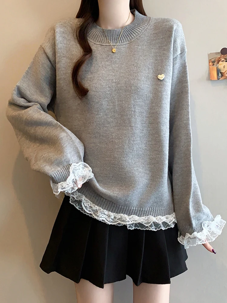 ay Knitted Sweater Women's Winter Faion Versatile High-End Feeling Design Sense Fake Two-Piece Lace Detail Casual Sle