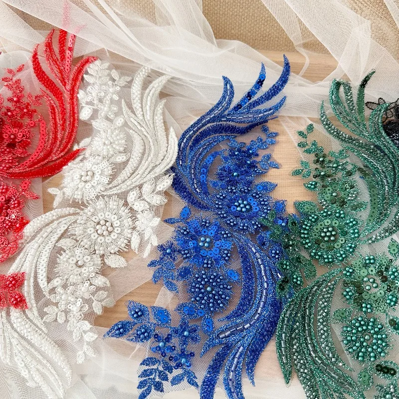 Multicolor Lace Flower Beaded Applique 1 Pair for Wedding Dress Gown Skirt Accessories Headpiece
