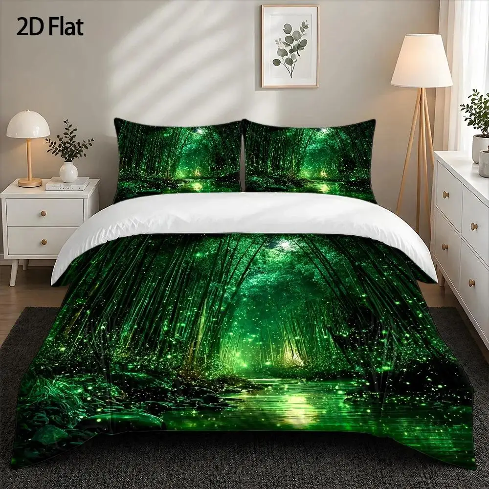 3-Piece Quilt Cover Set, 1 Quilt Cover + 2 Pillowcases (Without Filling), Bamboo Forest Night, Future Technology Style, Festival of Light, Soft and Breathable, Suitable for All Seasons, Machine Washable, Invisible Zipper, Suitable for Home, Dormitory, Master Bedroom, Guest Room Use