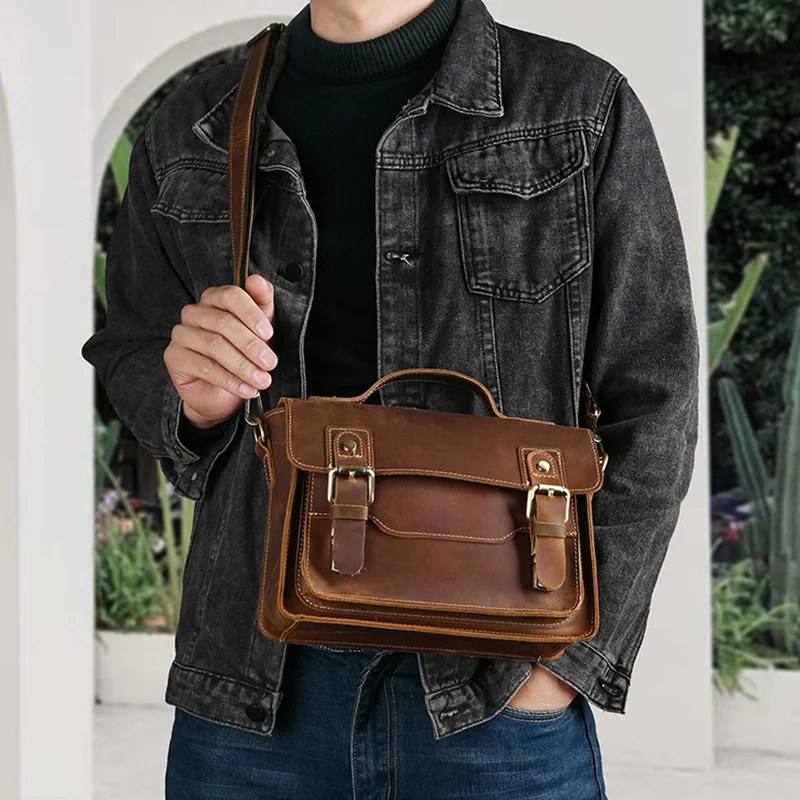 Messenger Bag Genuine Leather Adjustable Shoulder Strap Buckle Closure Vintage Cowhide Ccrossbody Purse Men Single Shoulder Bags