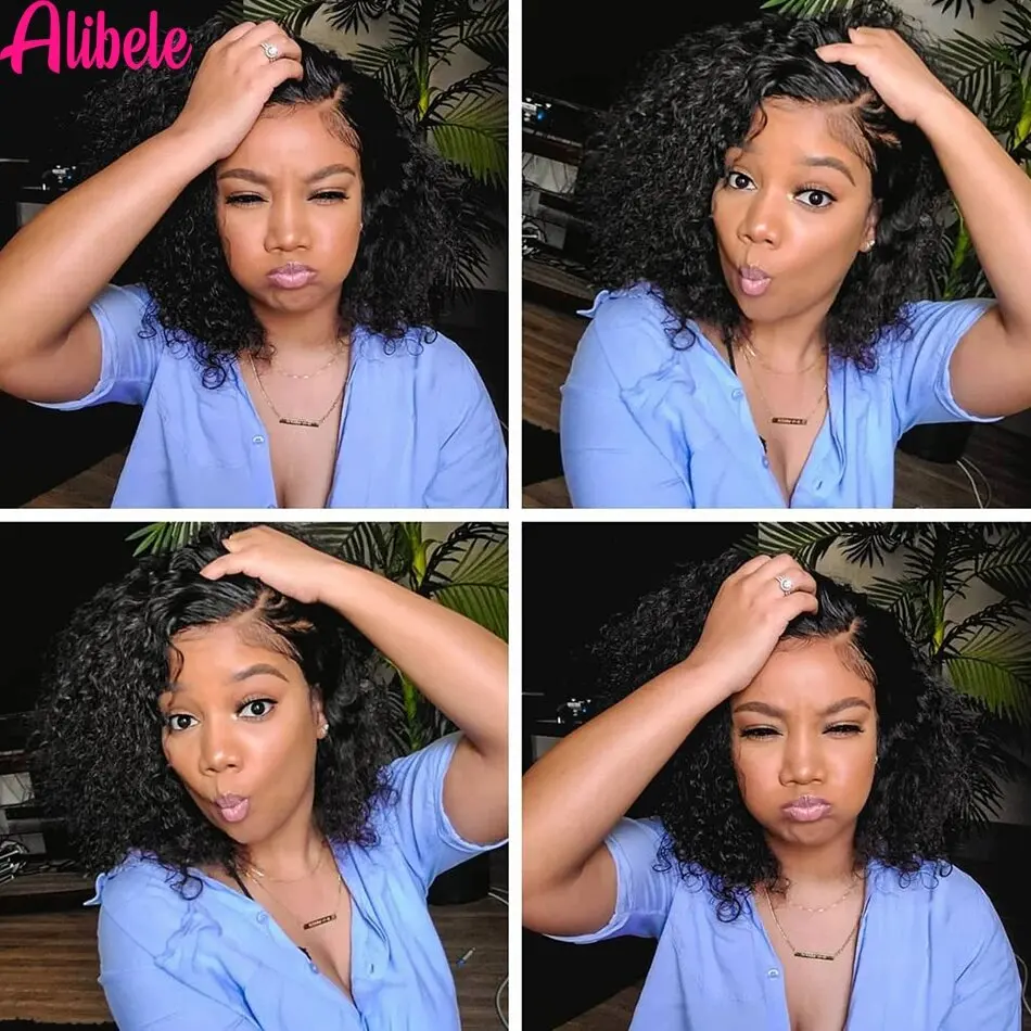

ALIBELE 13x4 Afro Kinky Curly Lace Front Human Hair Wig Transparent Lace Curly Pre Plucked Natural Black 12A For Black Woman