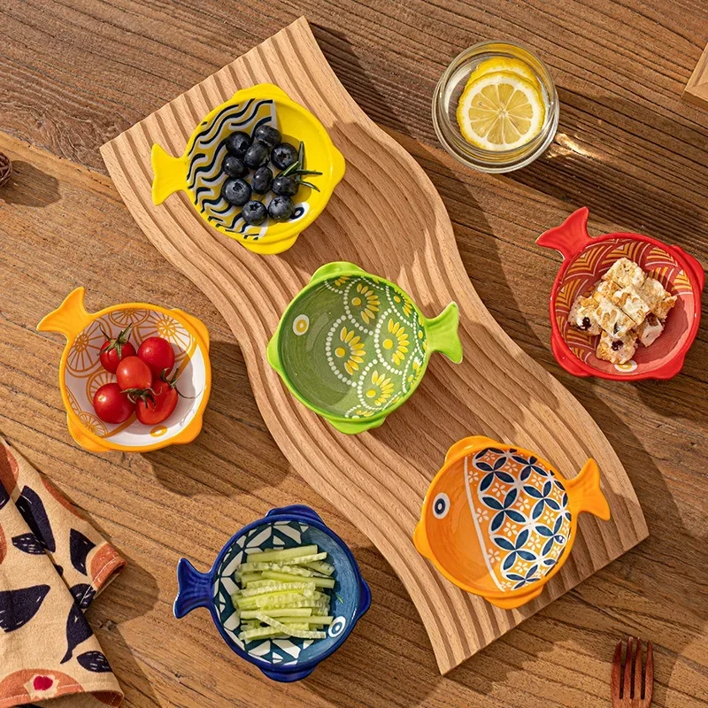 Cute Korean-style Cartoon Fish-shaped Ceramics Small Plate Creative Colorful Kitchen Condiment Bowls Sauce Dish Home Tableware