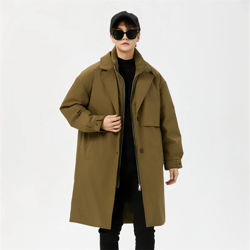 Men Trench Solid Single Breasted Coats Turn Down Collar Spliced Fake Two-piece Jacket Pockets Loose Fit  High Street 2025