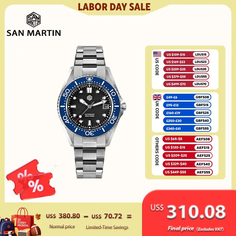 San Martin 41mm ST2130 Sport-Taucheruhr für Herren, Automatikuhr mit Saphirglas, 3H Datum, 60ATM, Helium-Entlastungsventil, BGW-X1, Reloj SN0036C
