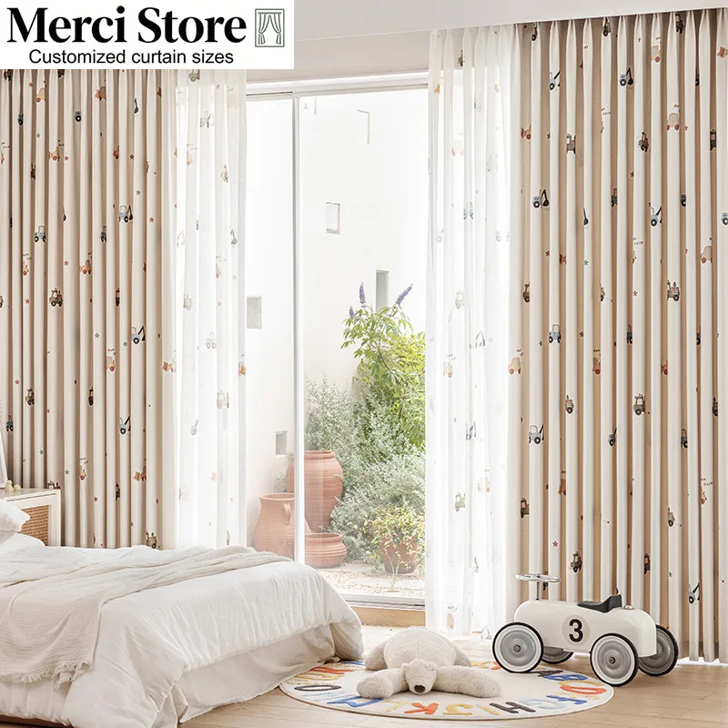 Cotton and Linen Embroidery Cartoon Engineering Car Curtains Children's Room Blackout Fabric Products Window Screens Custom Size