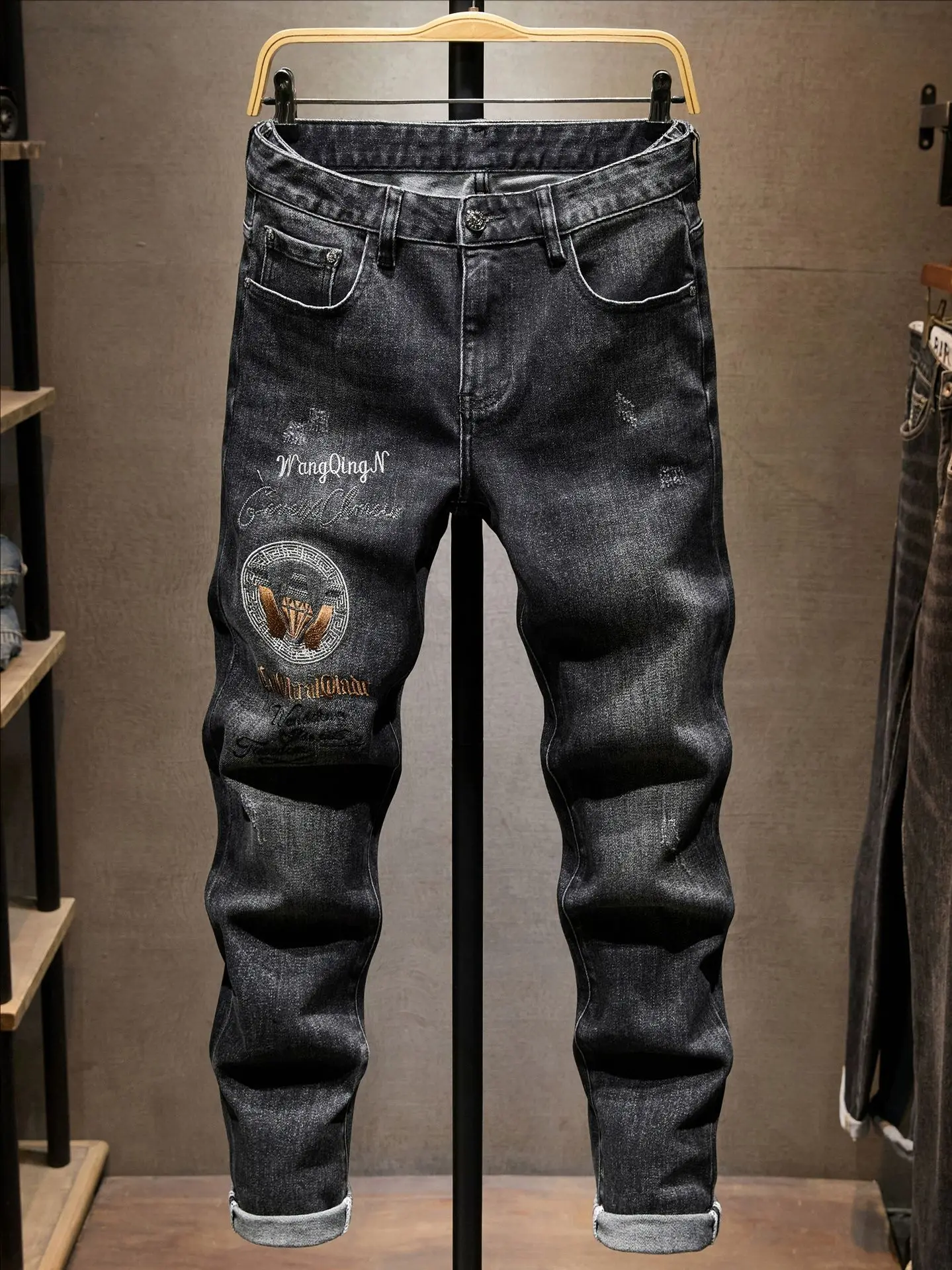 

Ele Embroidered Thiened Slim Fit Jeans Men's Faionable Waed Elastic Ankle-Length Casual Trousers Deep ey