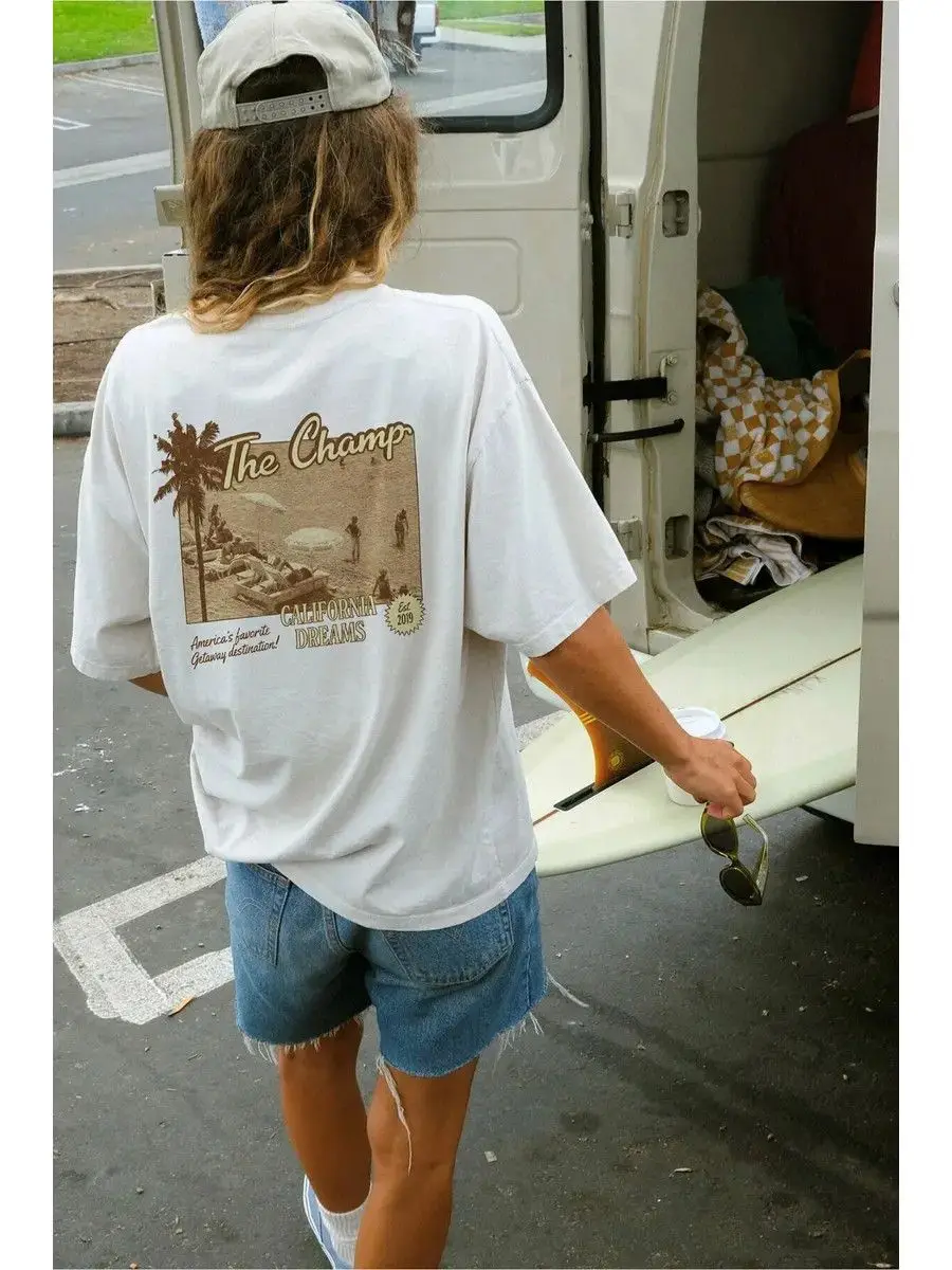 100% Soft Cotton West Coast Retro American Graphic Tee Vintage California Palm Beach Surf Scene Printing Beach T-shirts Couples