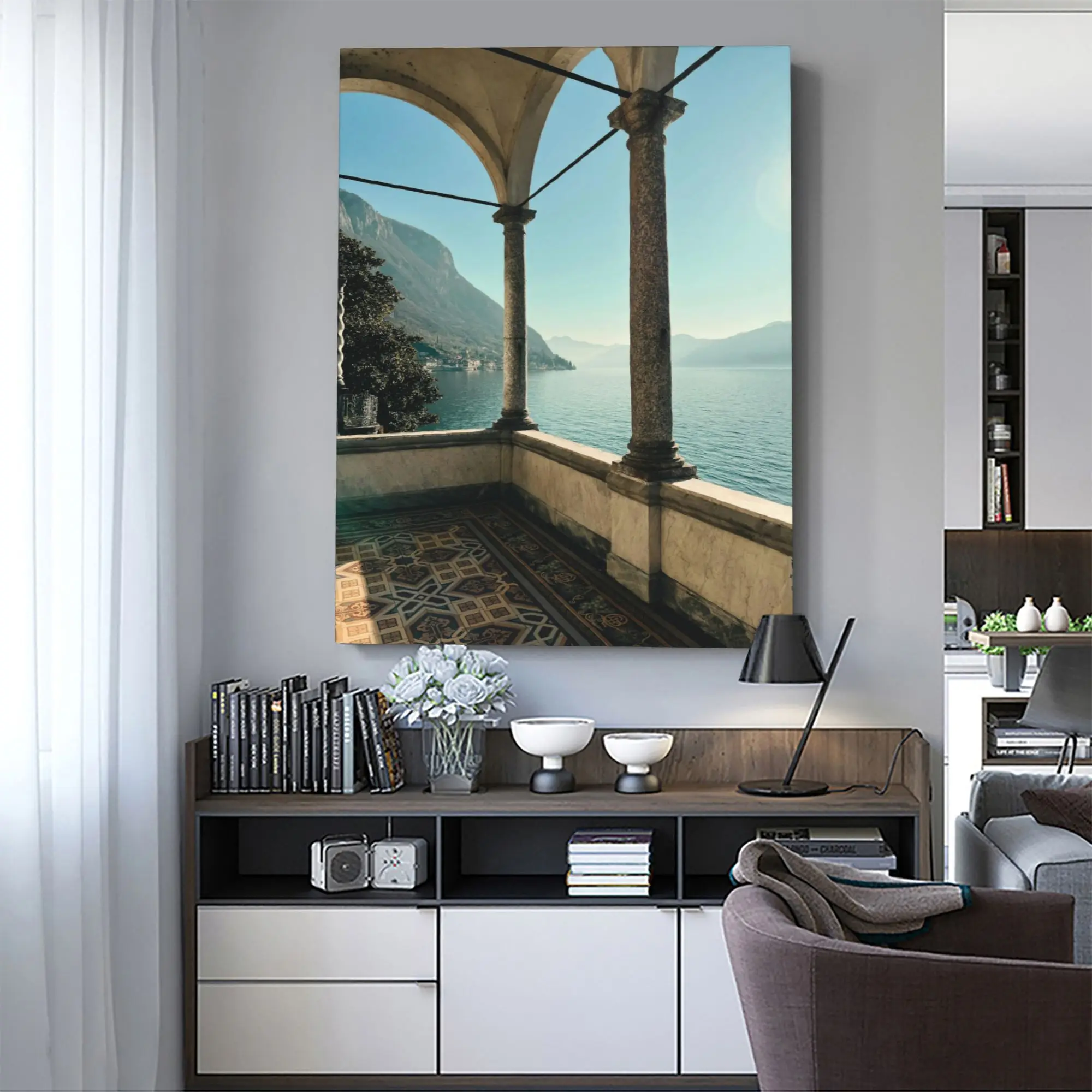 البحر الأبيض المتوسط نمط إيطاليا بحيرة كومو المناظر الطبيعية الخلابة المشهد ليكسايد العائمة مؤطرة قماش ملصق جدار ديكور