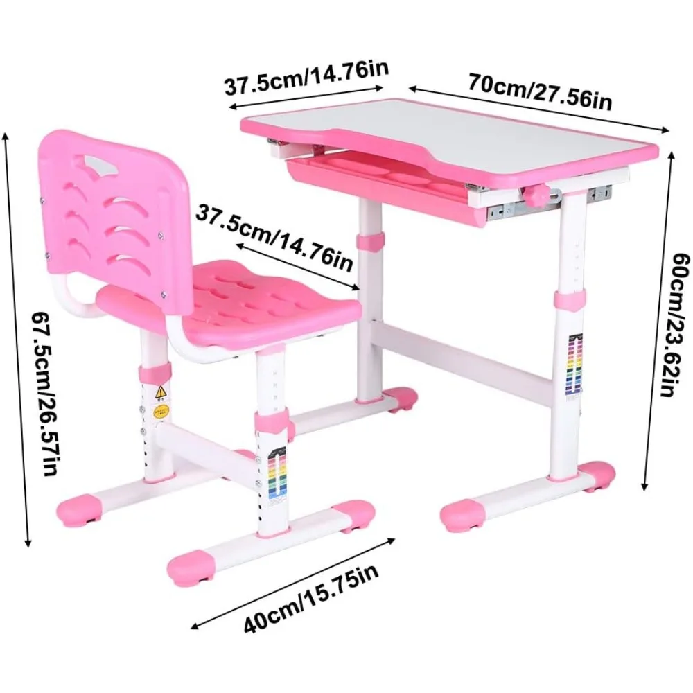 Kids Study Desk with Chair, Adjustable Kids Study Homework Desk Chair Children Activity Art Table Set (Pink) Writing Desk