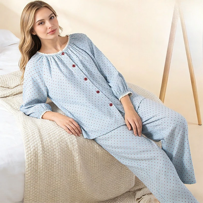 Women's All-Season Pure Cotton Polka Dot Lounge Set, Loose Fit Soft Breathable Sleepwear Pleated Top, Lace Neck & Elastic Cuffs
