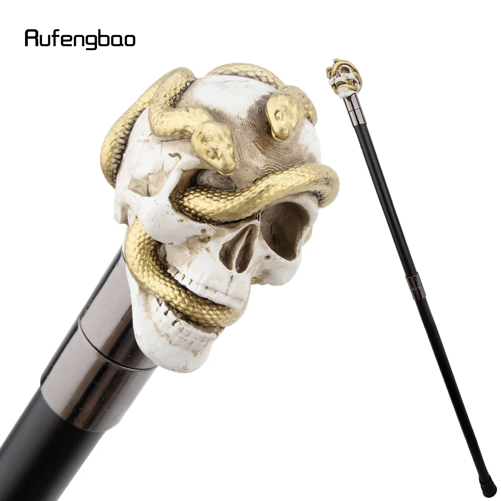 White Resin Skull Golden Snake Cobra Cane Fashion Steel Stick Gentleman Cosplay Cane Crosier 92cm  Performance Stage Cane