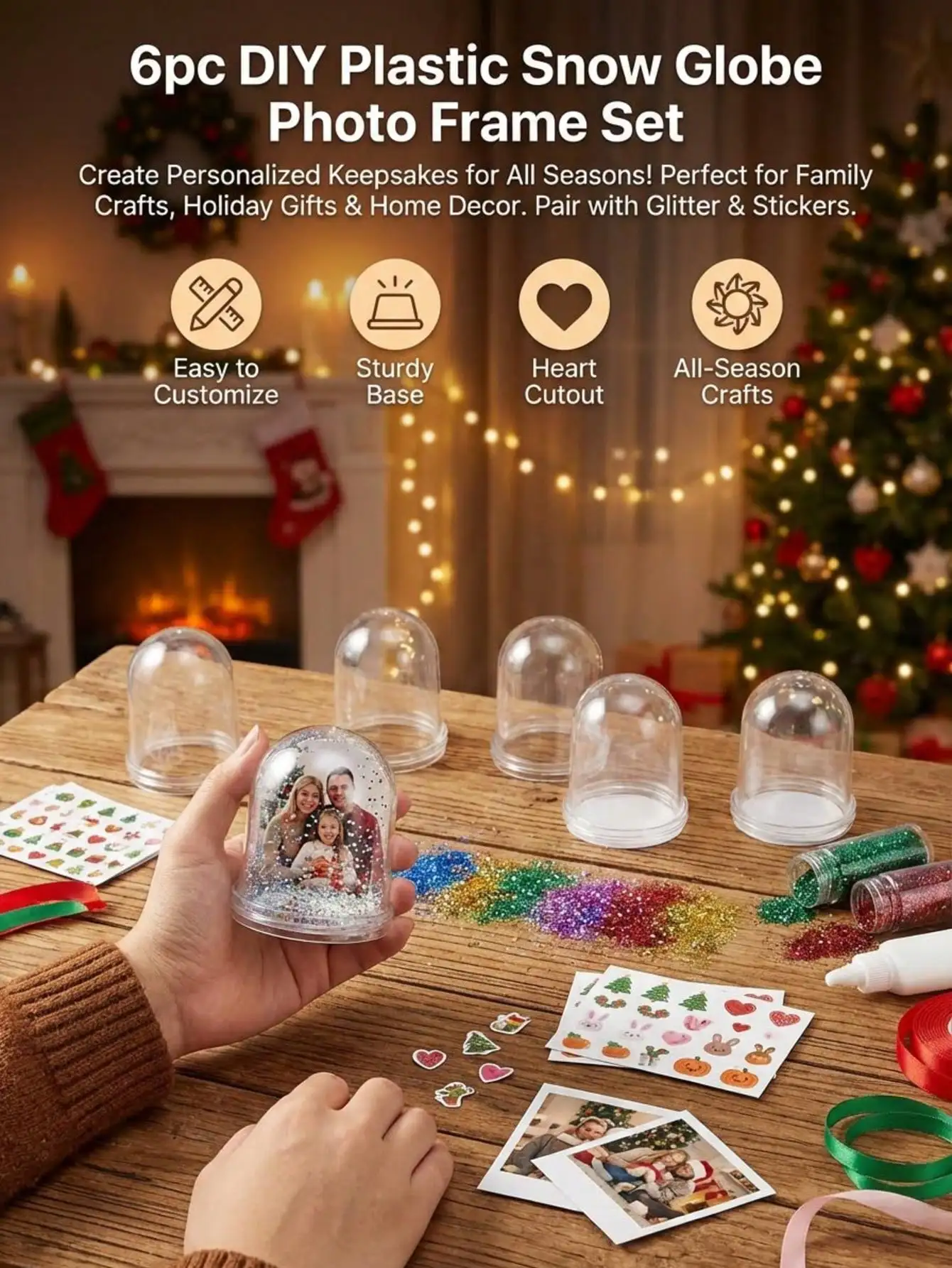 6/2 Pcs DIY Plastic Snow Globe Photo Frame Set - Clear Dome, Heart Cutout, Stable Base, Perfect for Year-Round Crafting - Christ