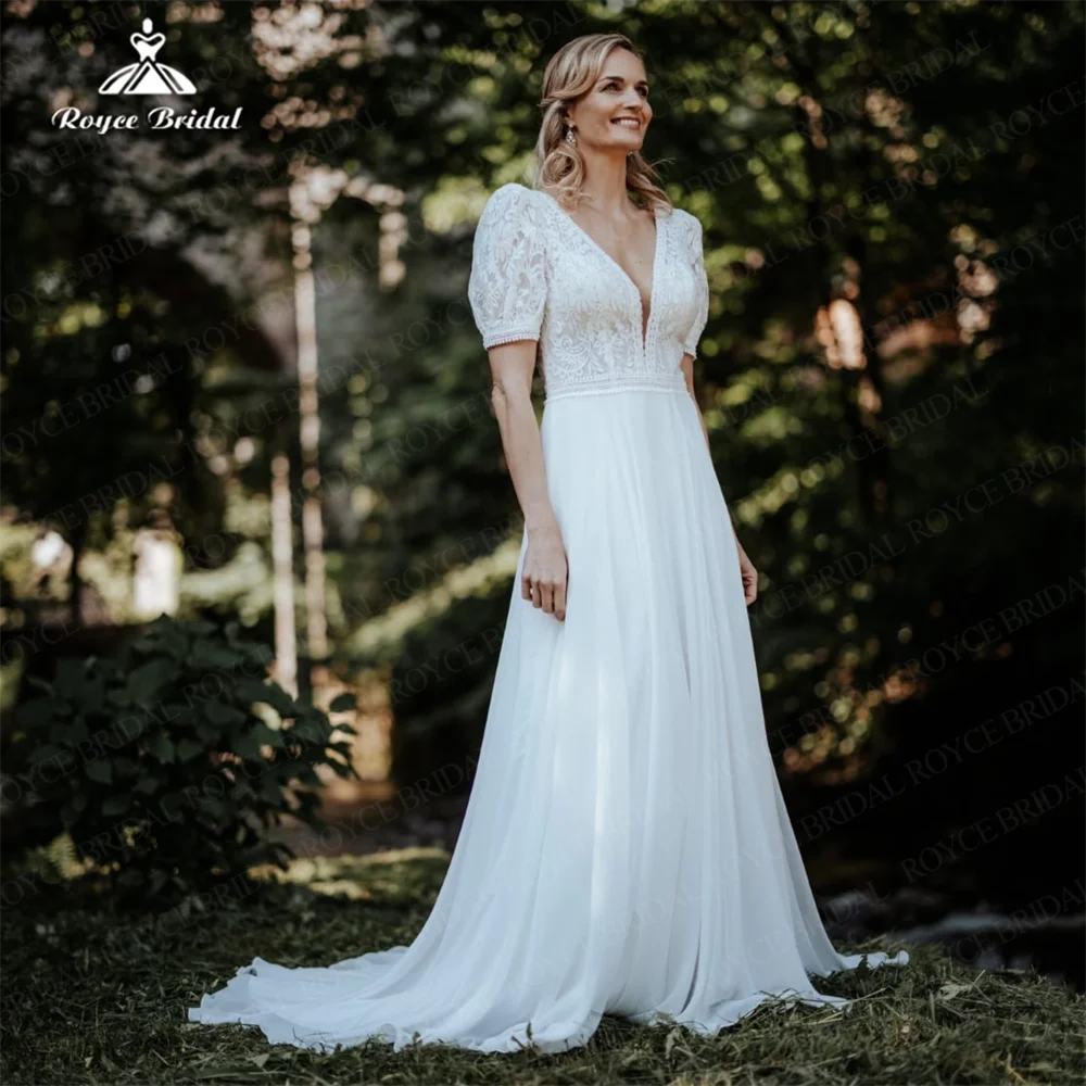 Roycebridal-Robe de Mariée Simple en Mousseline de Soie, Ligne A, Col en V Plongeant, Manches Courtes, Dos Ouvert, Longueur au Sol, Patients, Quelle que soit