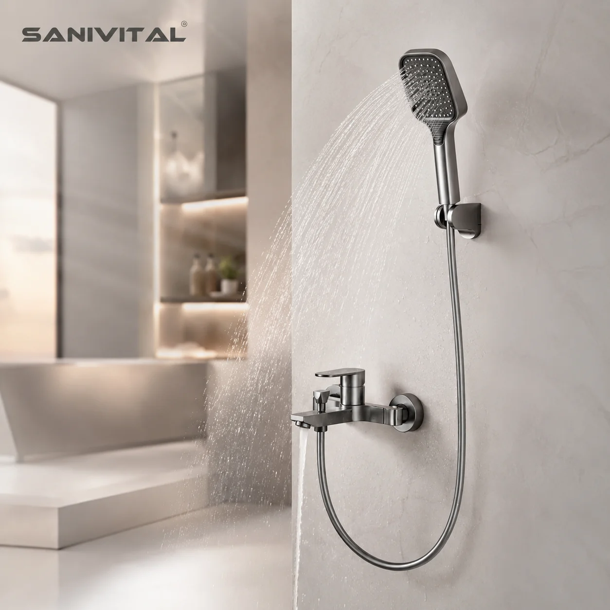 SANIVITAL Gunmetal Grey Bathroom Shower Set with Handheld Sprayer and Mixer Tap for Hot & Cold Water