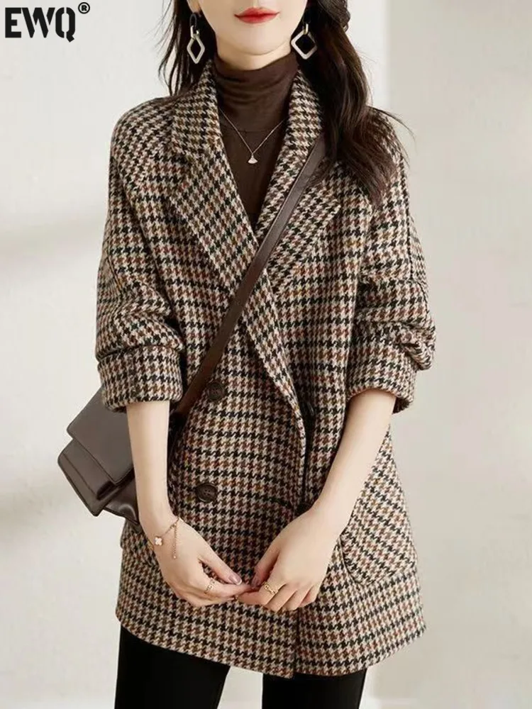 [EWQ] Check Long Sleeve Double Breasted Double-faced Woolen Blazer Coat Office Lady Suit Jacket Winter 2024 Autumn New 16O2707