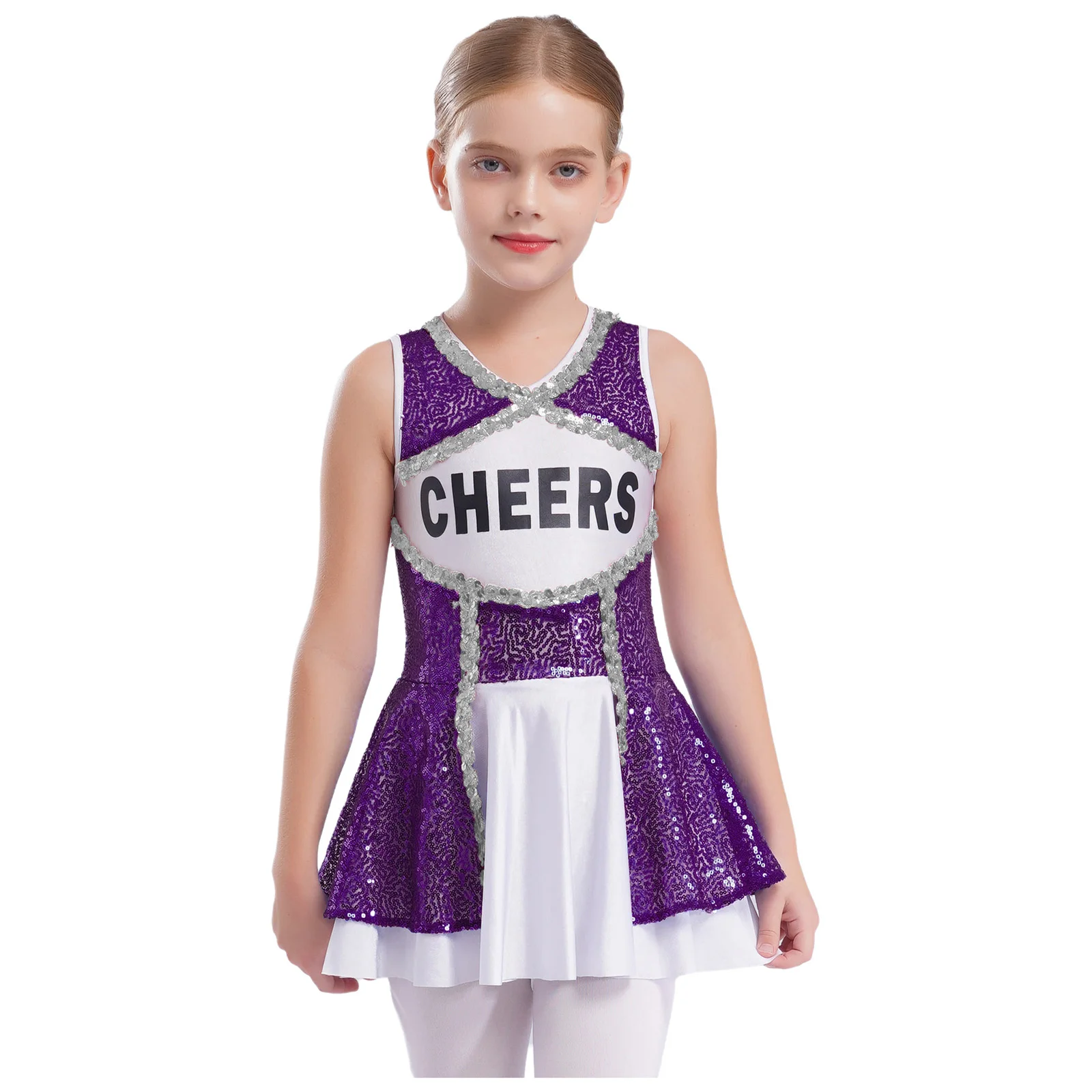 Crianças meninas lantejoulas brilhantes ballet moderno collant vestido cheerleader traje uniforme de líder de torcida vestido de desempenho do ensino médio