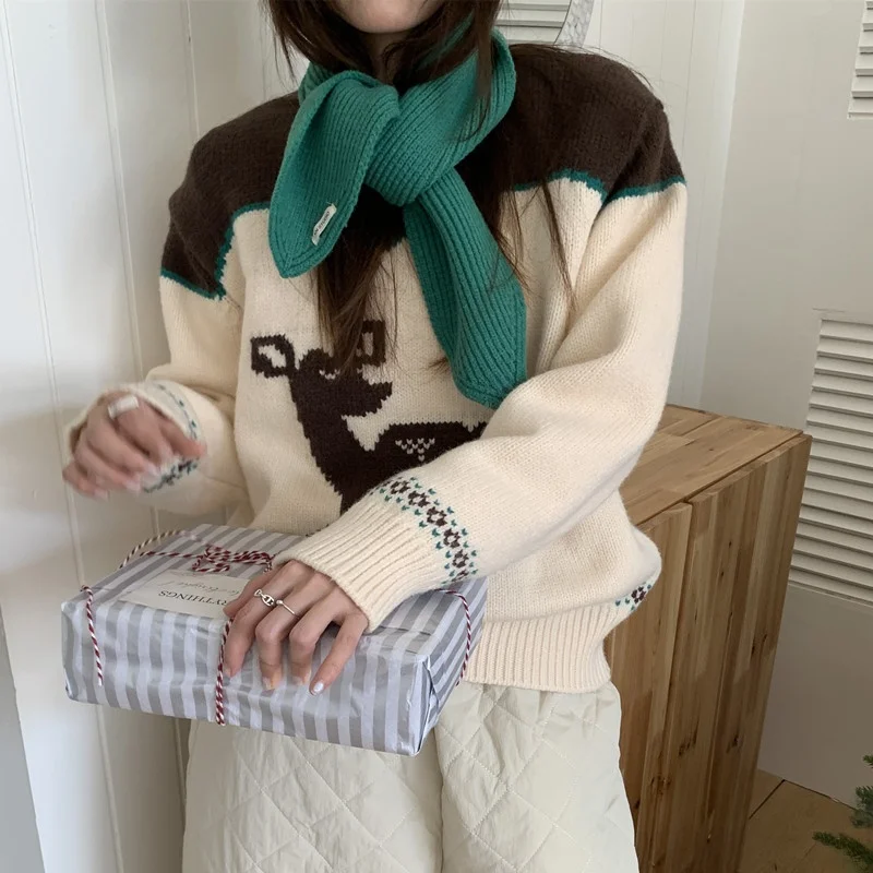 Suéter de punto Cisas Chic para mujer, suelto, largo, redondo, Color Ne, patrón de ciervo, suave y acogedor, Cisas Aosphere