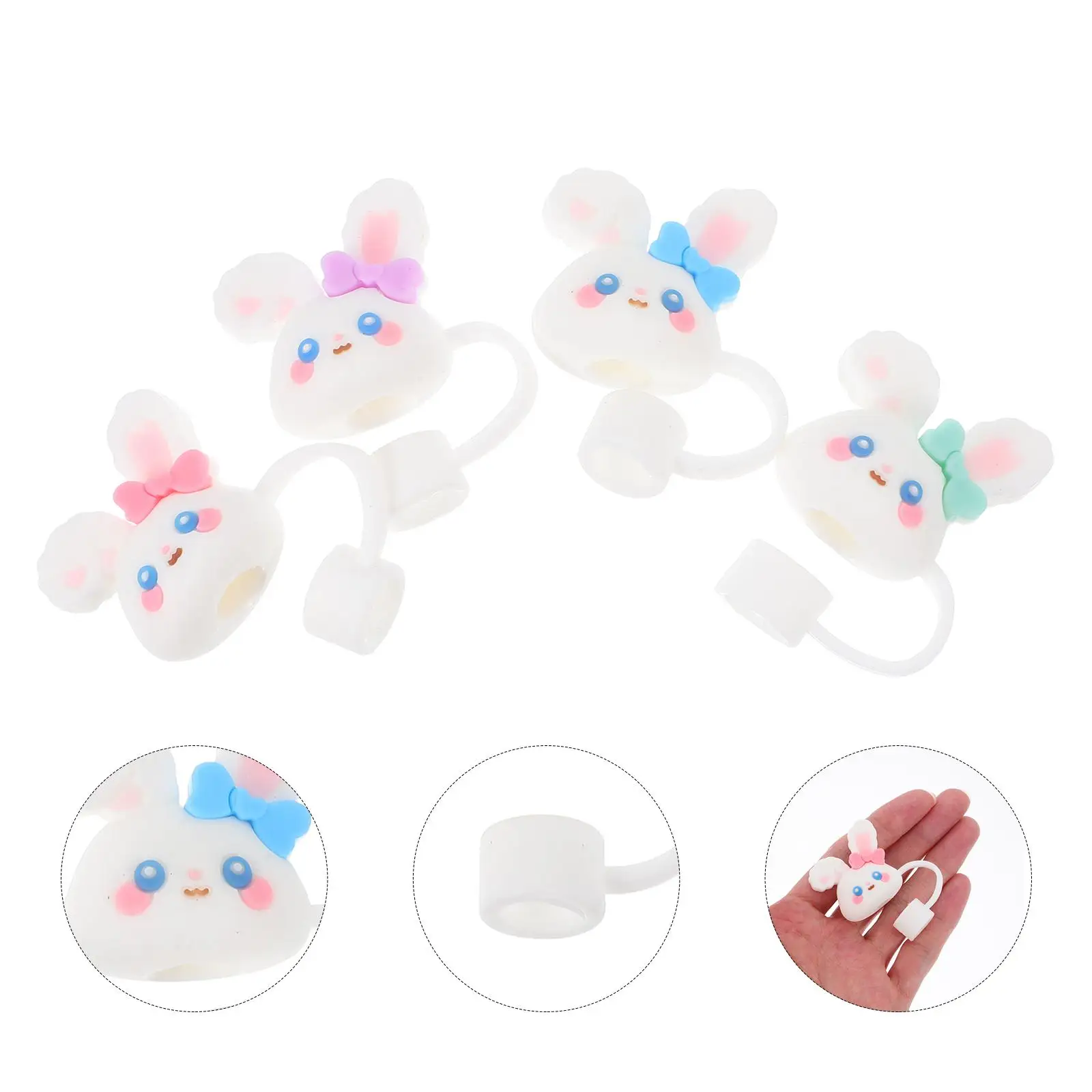 

4Pcs Bunny Straw Covers Silicone Reusable Hat Christmas Bow Toppers Safe Material Easy Clean Cap Rabbit Tip Cartoon