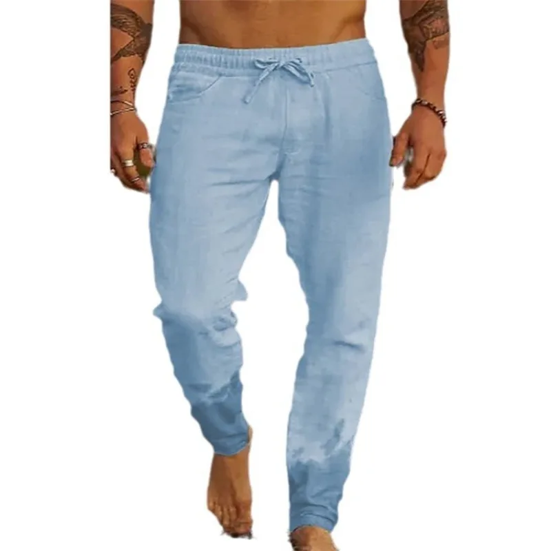 New Men's Solid Color Drawstring Cotton And Linen Loose Casual Beach Casual Pants