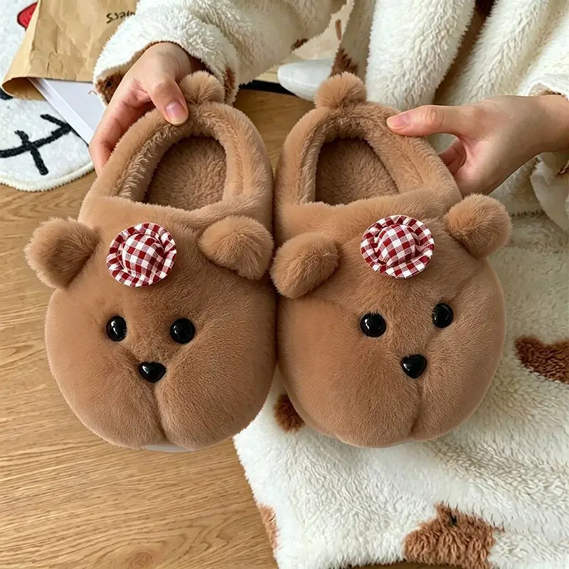 Korean Style Winter Cute Bear Shaped Home Confinement Cotton Mop Warm And Comfortable Soft Windproof Light Weight Slippers