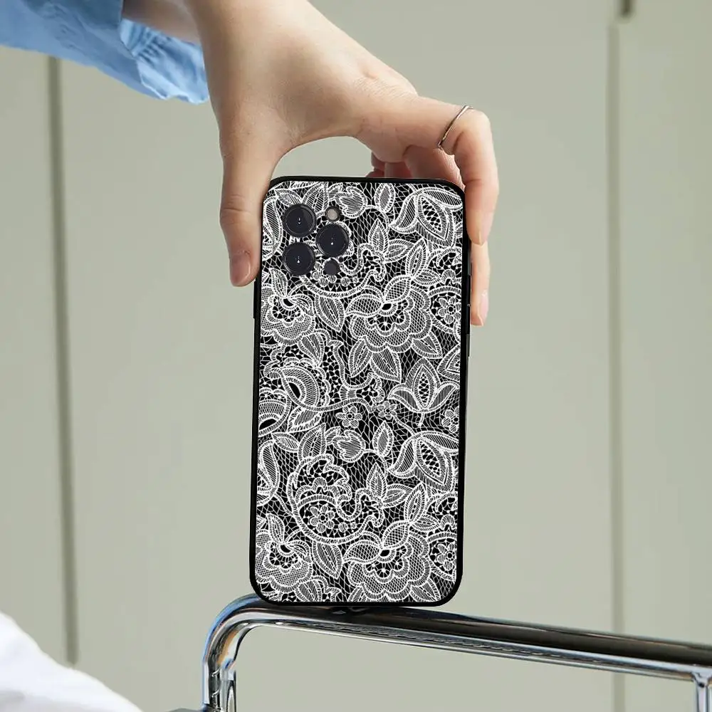 Estilo de renda legal menina caso de telefone para iphone 17 16 15 14 13 12 11 pro max plus preto escudo capa caso