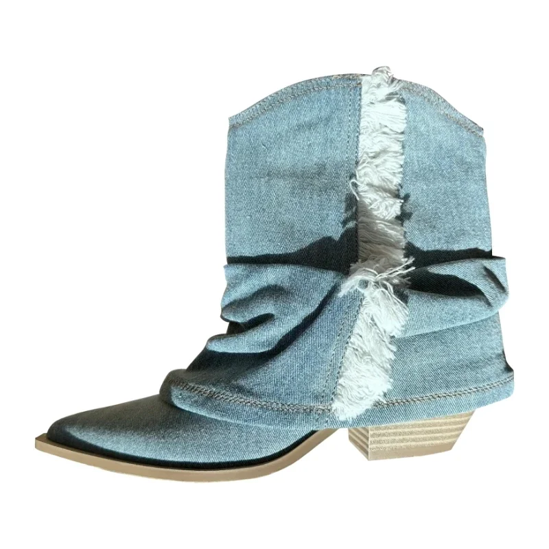 Pointed Toe Denim Women Western Cowboy Boots Fashion Slip On Short Booties Retro Style Autumn Winter Female Shoes