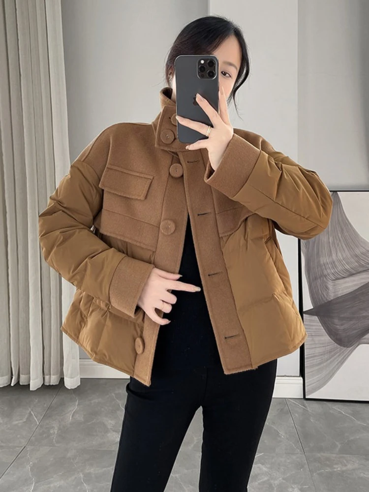 Fashion splicing short style stand up collar down jacket women's new winter versatile white duck down lightweight jacket