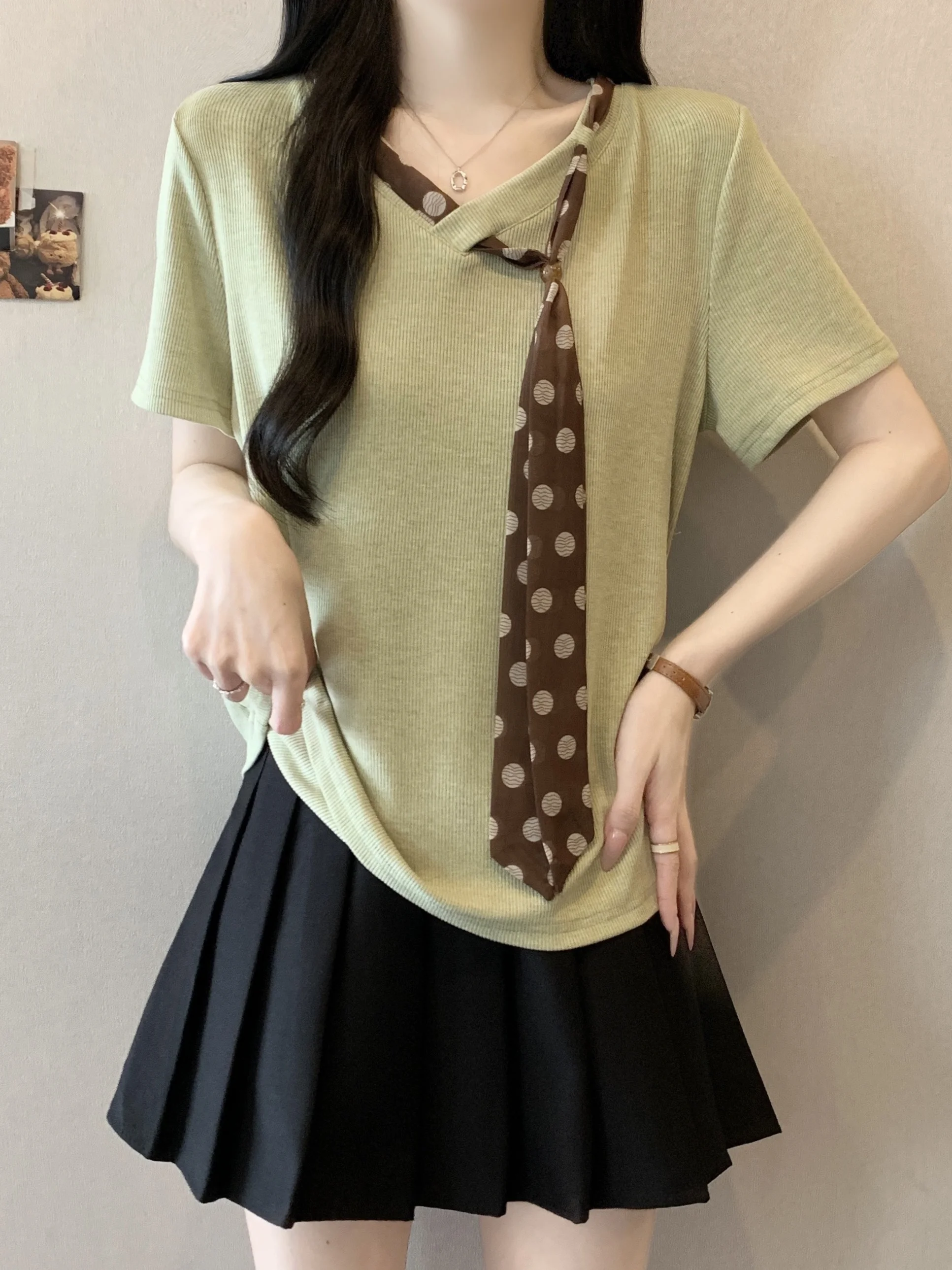 

Chic Polka Dot Silk Scarf Tied Short Sleeve T-Shirt Women's Summer New Design Sensation Top Trendy plus Size Comfortable Fit