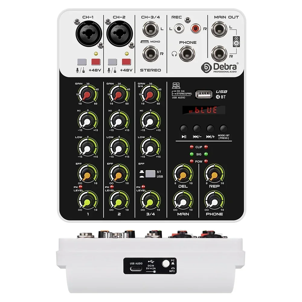 Mixer Audio 4 saluran Bluetooth USB, Mixer suara V4, Mixer Audio Bluetooth USB, komputer, pencampur konsol DJ, Power Delay 48V