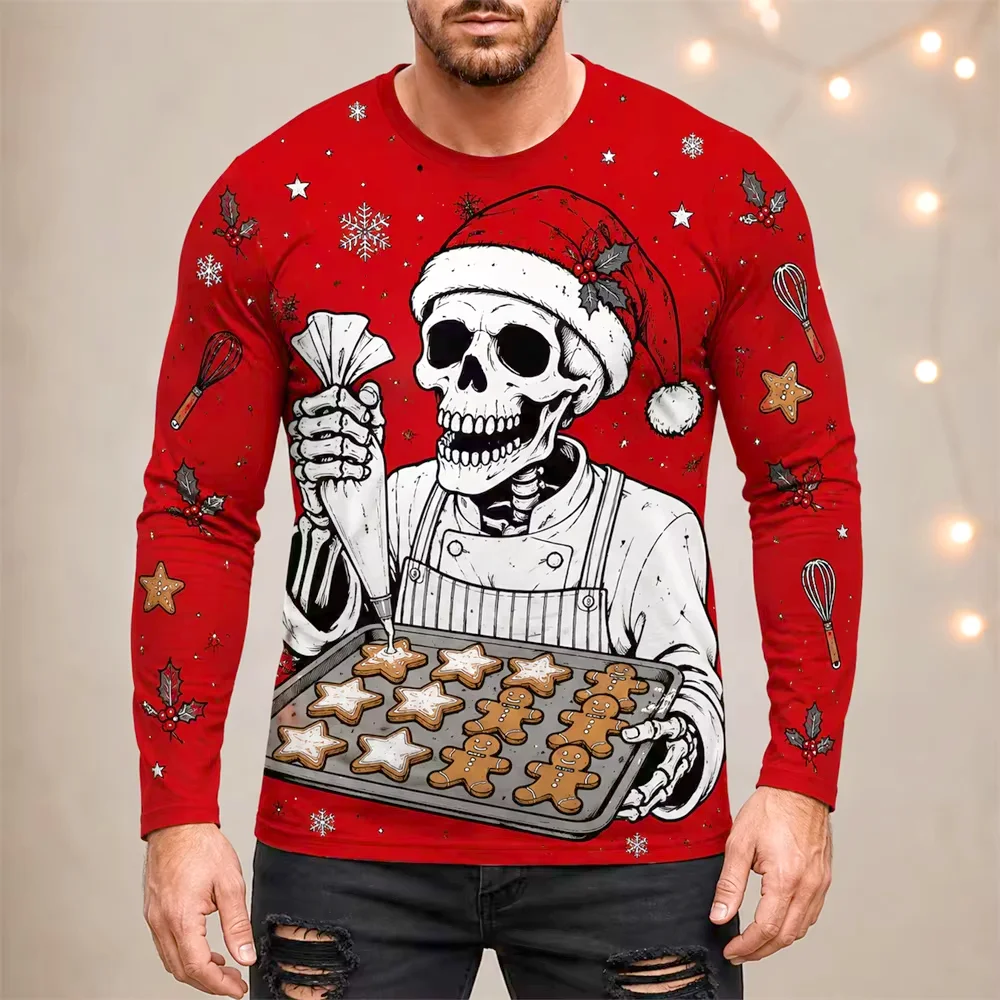 Christmas Skull Santa Hat Long Sleeve T-Shirt 3D Allover Print Crew Neck Autumn Winter Casual Men Fashion Tops