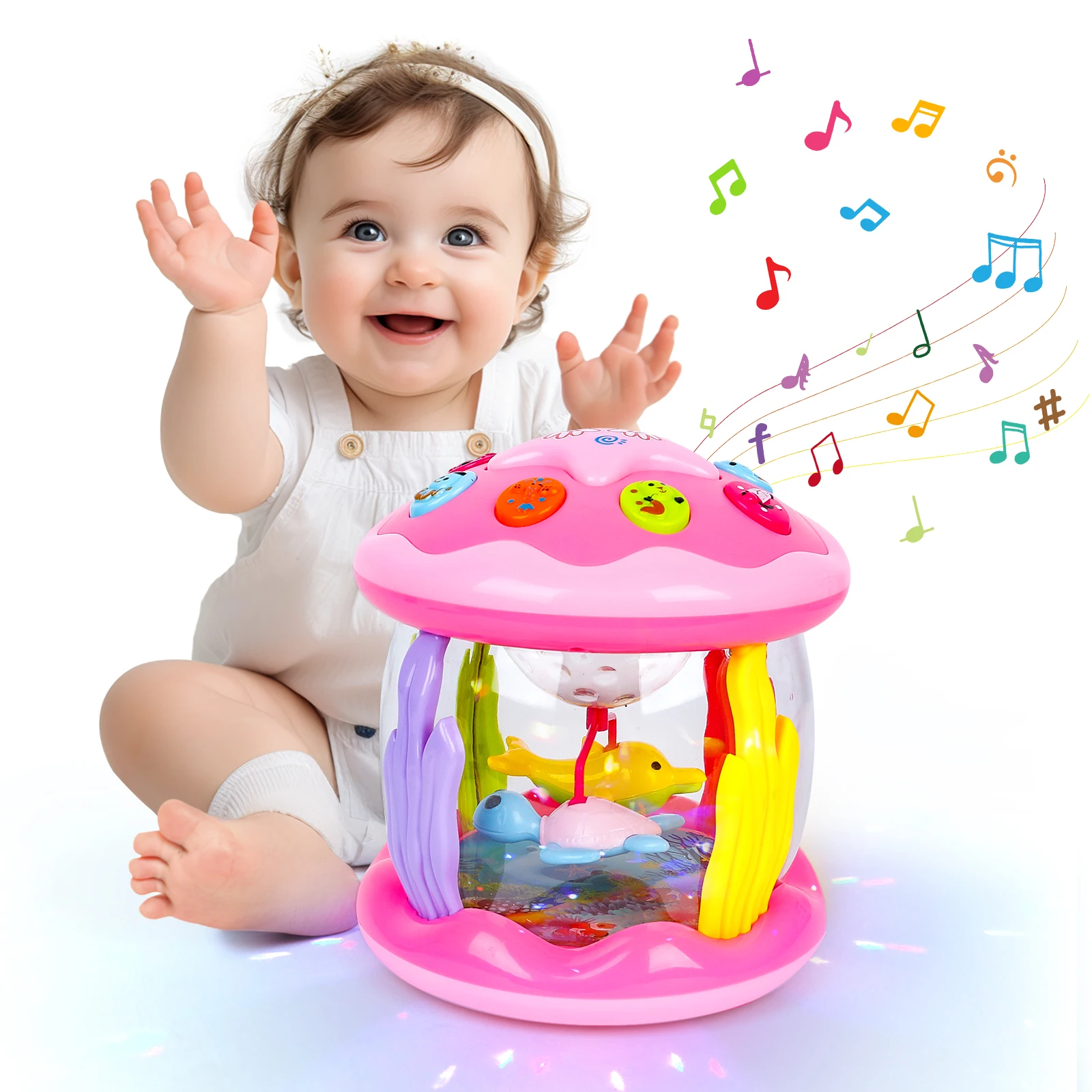 Tambor giratório oceano projetor com melodias para criança, brinquedos educativos de aprendizagem, brinquedos musicais light up para bebê, 6 a 12 meses