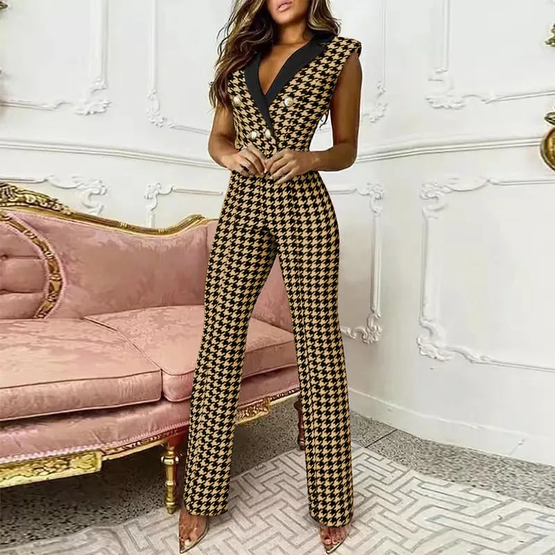 2024 New Elegant Women Plaid Jumpsuit Onepieces Y2K Chic Office Lady Summer Sleeveless V Neck High Waist Button Romper Overalls