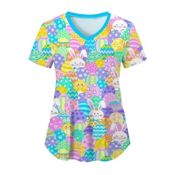 Easter Bunny Print Clinical Uniform Woman Fashion V-Neck Fashion V-Neck with Pockets Clinical Uniform Tops Nurse Uniform Woman