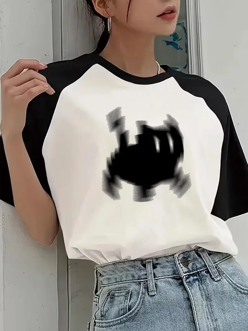2000er Jahre Black Cat Print Letter Print Rundhals T-Shirt Lässiges Kurzarm-Top für Frühling Sommer Damenbekleidung Top T-Shirt