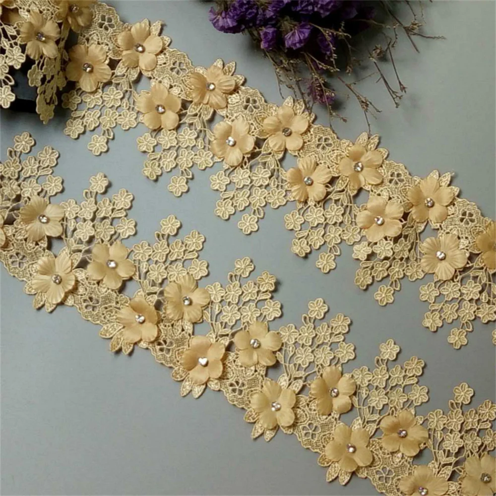 

2 Yard Gold 9cm Pearl 3D Flower Tassel Lace Trim Ribbon Fabric Embroidered Applique Sewing Craft Wedding Dress Clothes New