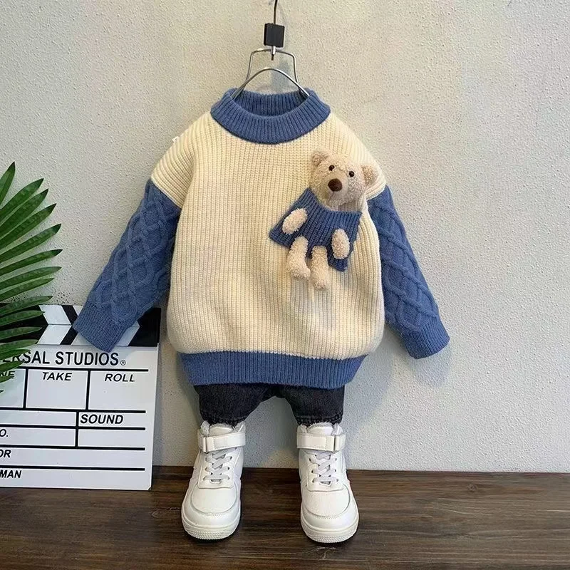 Kids Boys Sweater Pullover with Plush and Thickening 2024 New Autumn And Winter Children's Knitwear Baby Warm Top Underlay