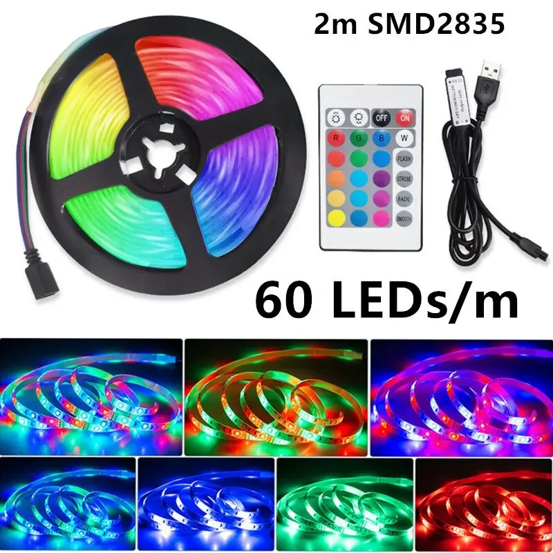 60LEDs/m USB LED Lights Strip Tape 2m 2835 24 Key IR Remote Control for Kitchen Closet Bedroom PC TV Backlight Home Lighting