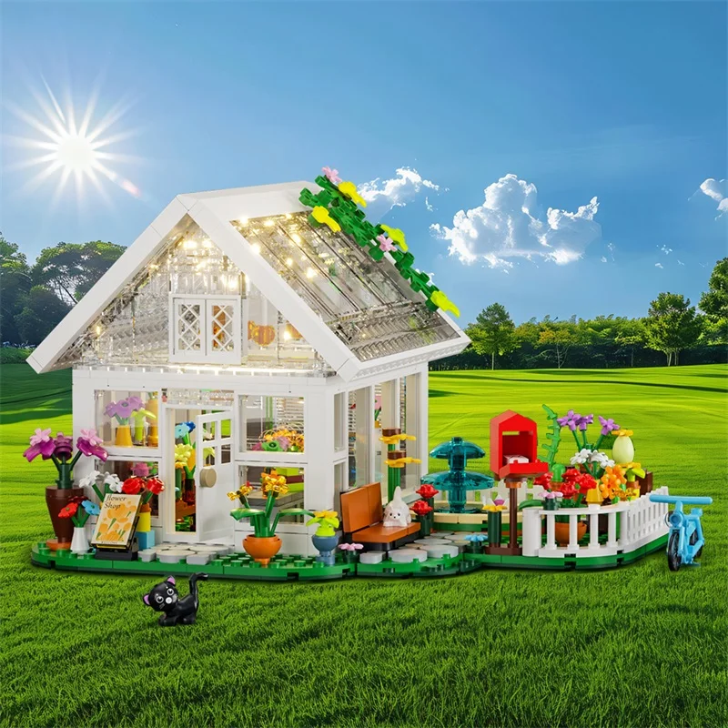 MOC City Street View Creative Flower House Architecture Building Block Transparent Flower Store Bricks LED Light Toys Girl Gift