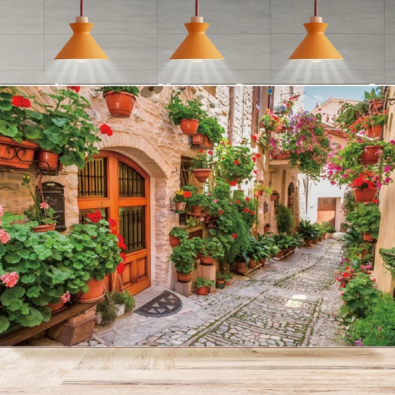 Italian Town Street Alley Photography Background Spring Flowers Blossom Medieval Architecture Summer Party Backdrop Wall Banner