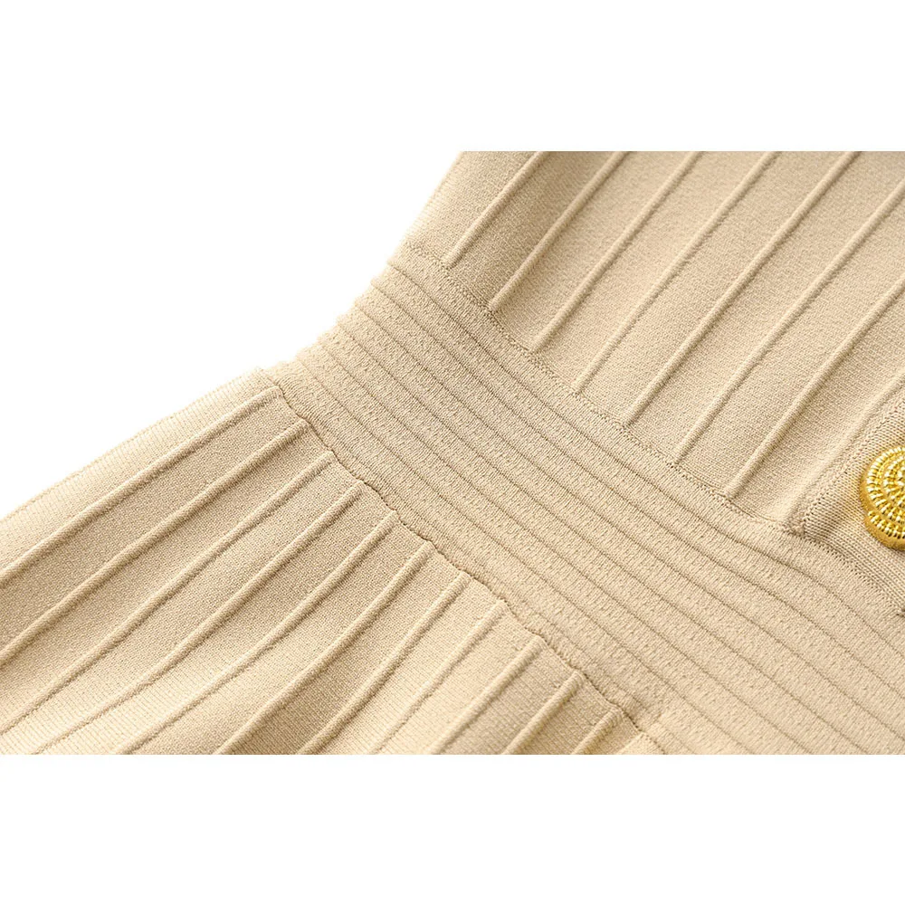 女性スリムフィットノースリーブベージュドレス V ネックシングルブレスト装飾オフィスレディースエレガントなミニドレス