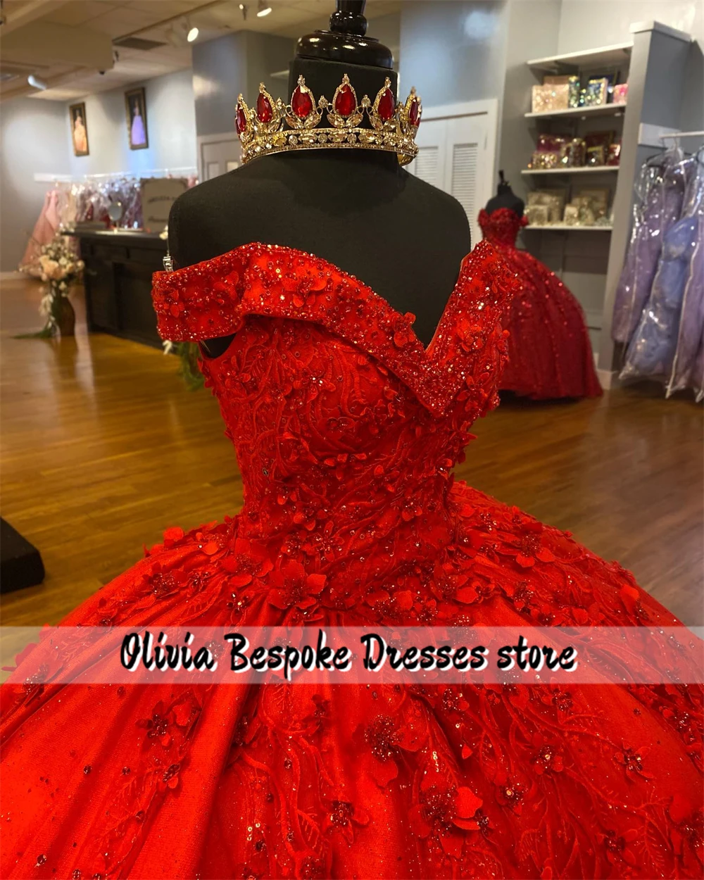 カスタマイズされた裸の肩のキンセアニェーラのドレス,真珠の花柄のボールガウン,赤,メキシコの結婚披露宴のドレス,魅力的