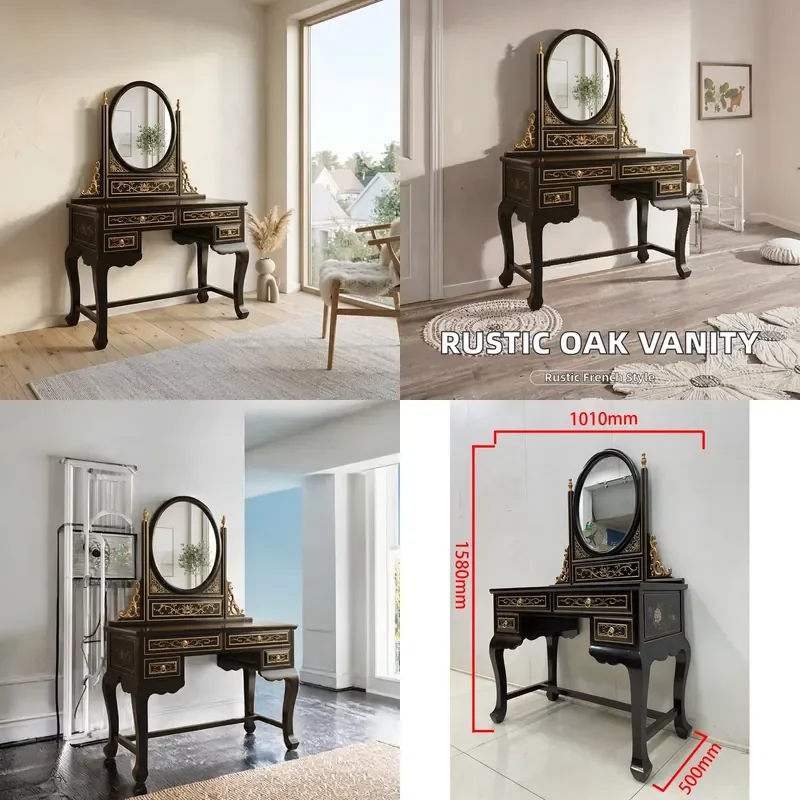 for Classic French Country Style Solid Oak Wood White Storage Dresser with Standing Mirror Customizable Size  Bedroom