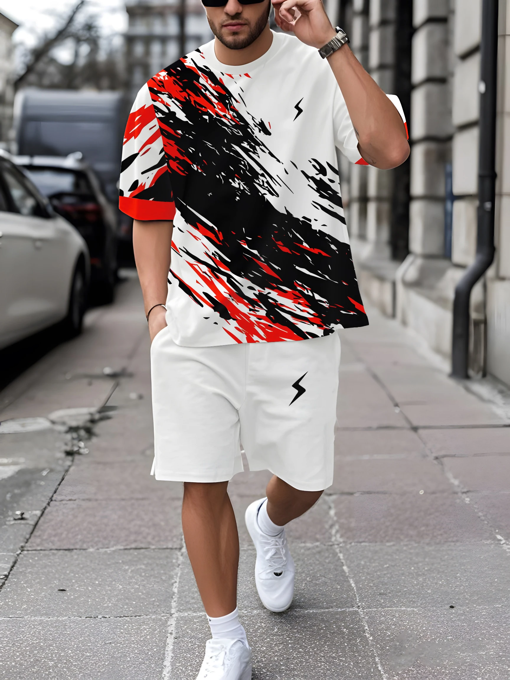 

Men's print, short-sleeved T-shirt + shorts set, casual sports set, breathable outdoor casual men's T-shirt.