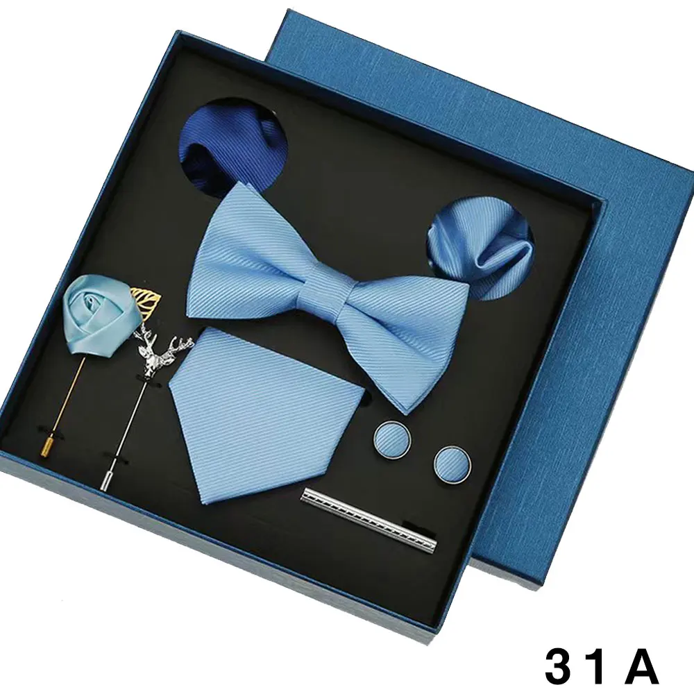 8-teiliges Luxus-Herren-Krawatten-Set in Geschenkbox, Krawatte mit festlicher Hochzeit, Fliege, Einstecktücher, Manschettenknöpfe, Clip-Broschen, Anzug – Detail 3