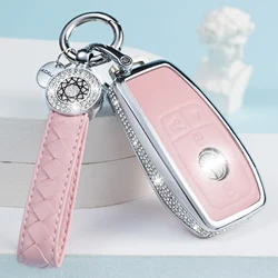 for Mercedes Benz Key Fob Cover with Keychain, Pink Genuine Leather Crystal Key Case Protection Shell Compatible with A C G E S