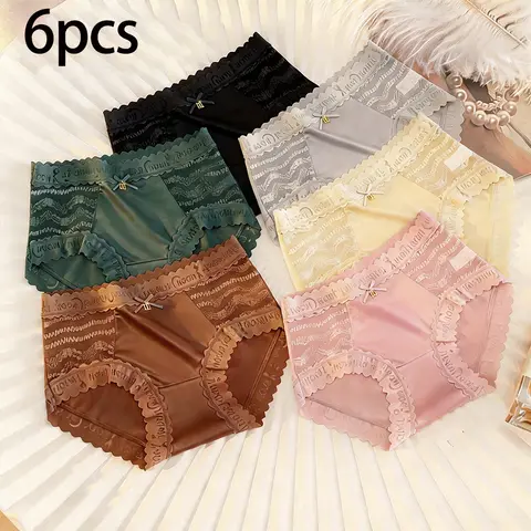 6Pcs Seamless Panties for Women Sexy Lace Flower Hollow Underwear High Waist Plus Size 3XL Solid Silk Breathable Briefs Female
